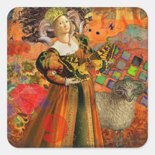 Aries Orange Woman: Gothic Ram Antique Art Collage Square Sticker