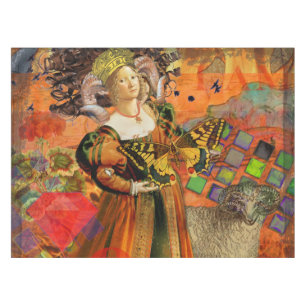 Aries Orange Woman: Gothic Ram Antique Art Collage Tablecloth