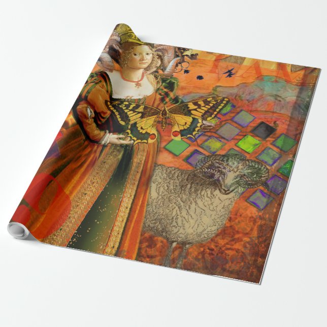 Aries Orange Woman: Gothic Ram Antique Art Collage Wrapping Paper (Unrolled)