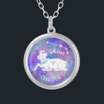 Aries Ram Constellation Stars Custom Name Birthday Silver Plated Necklace<br><div class="desc">This fun necklace design makes the perfect gift for anyone born under the zodiac sign Aries. It includes a vintage ram, plus the constellation and space for the birthday person's name, all in white on a purple-pink starry background. Just use the easy template to add your personalised name. DESIGN TIP:...</div>