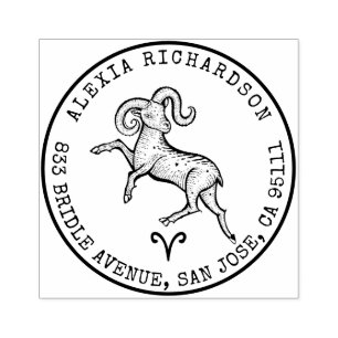 Aries Ram Zodiac Hand-drawn Crest Return Address Rubber Stamp