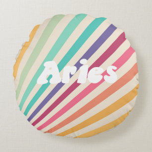 Aries Retro Rainbow Zodiac Astrology Round Cushion