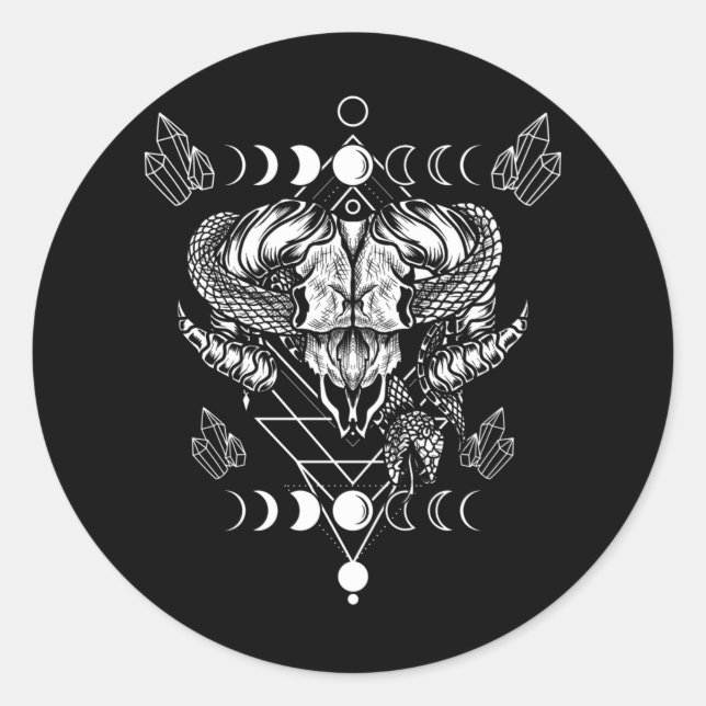 Aries Skull Wicca Occult Crescent Moon Witchcraft Classic Round Sticker (Front)
