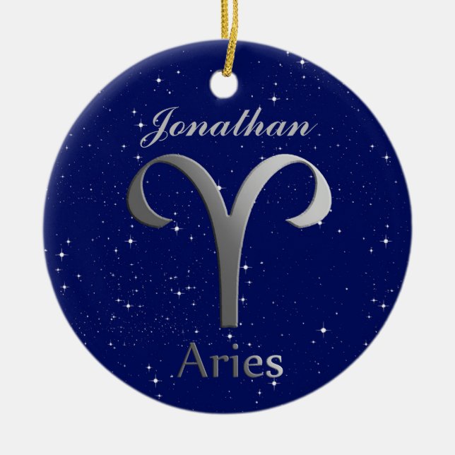Aries Sun Sign Symbol with Name Ceramic Tree Decoration (Front)