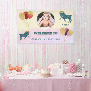 Aries Watercolor 1st Birthday Photo & Balloons  Banner