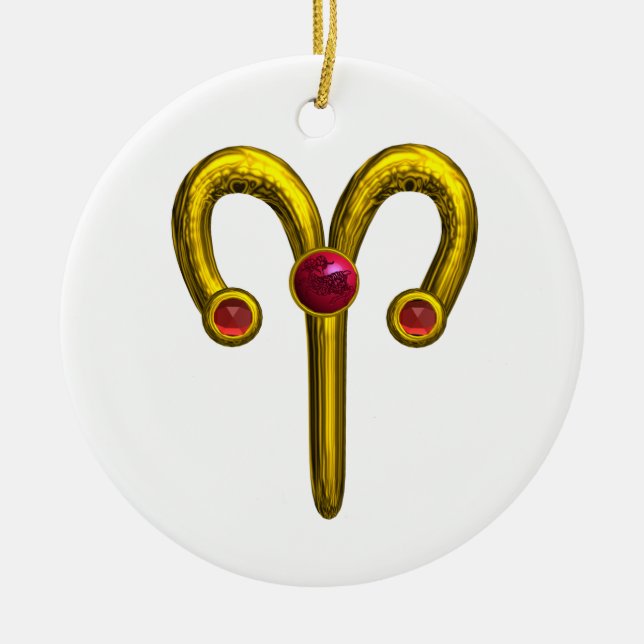 ARIES ZODIAC BIRTHDAY JEWEL Red Ruby Gold Ceramic Tree Decoration (Front)