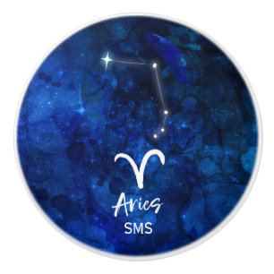 Aries Zodiac Constellation Blue Galaxy Monogram Ceramic Knob
