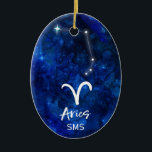 Aries Zodiac Constellation Blue Galaxy Monogram Ceramic Tree Decoration<br><div class="desc">Aries Zodiac Constellation Blue Galaxy Monogram Design. With trendy Brushed Script Font, Dark blue celestial watercolor background texture, Glowing star constellation, and The Ram symbol. Modern Astrological Sign Birth Horoscope, is perfect for any Aquarian Birthday From March 21 - April 19 ! With Optional Monogrammed First Middle and Last name...</div>