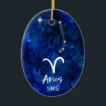 Aries Zodiac Constellation Blue Galaxy Monogram Ceramic Tree Decoration<br><div class="desc">Aries Zodiac Constellation Blue Galaxy Monogram Design. With trendy Brushed Script Font, Dark blue celestial watercolor background texture, Glowing star constellation, and The Ram symbol. Modern Astrological Sign Birth Horoscope, is perfect for any Aquarian Birthday From March 21 - April 19 ! With Optional Monogrammed First Middle and Last name...</div>