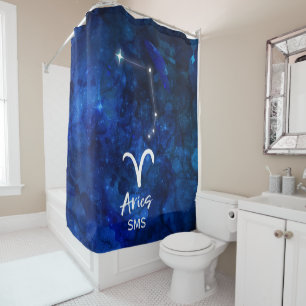 Aries Zodiac Constellation Blue Galaxy Monogram Shower Curtain