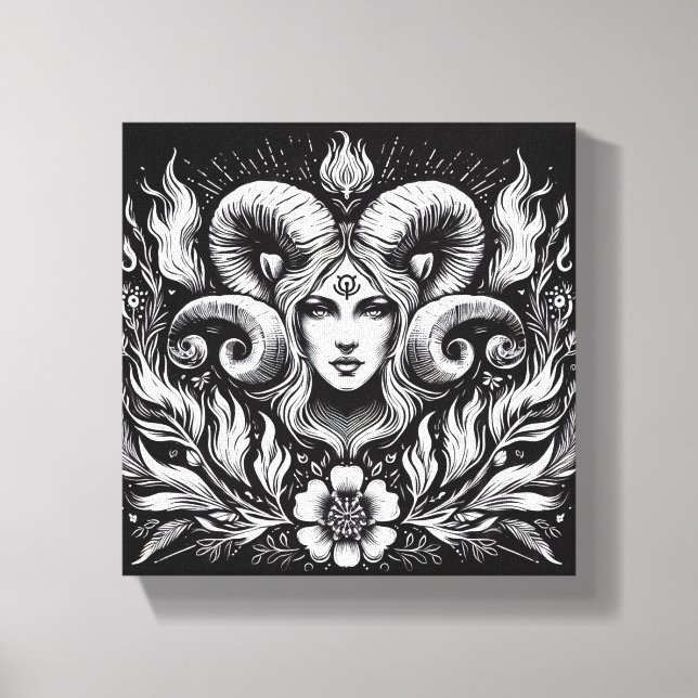 Aries Zodiac Goddess with Ram Horns – Mystical  Canvas Print (Front)