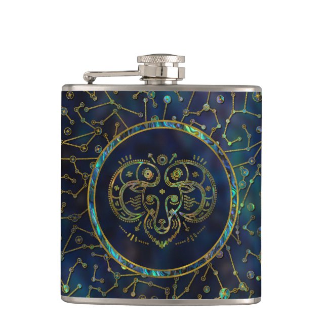 Aries Zodiac Gold Abalone on Constellation Hip Flask (Front)
