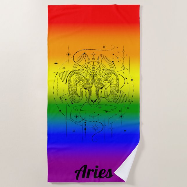 Aries Zodiac LGBTQ Pride Rainbow Design Beach Towel (Front)