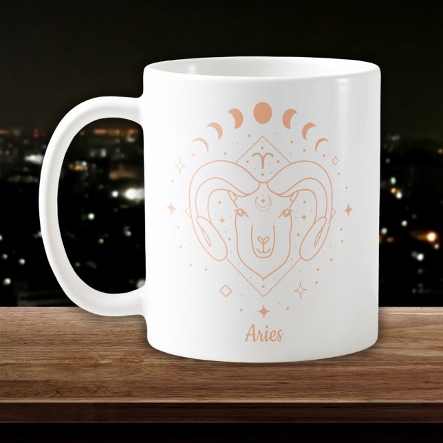 Aries Zodiac Line Art White Peach Coffee Mug (Creator Uploaded)