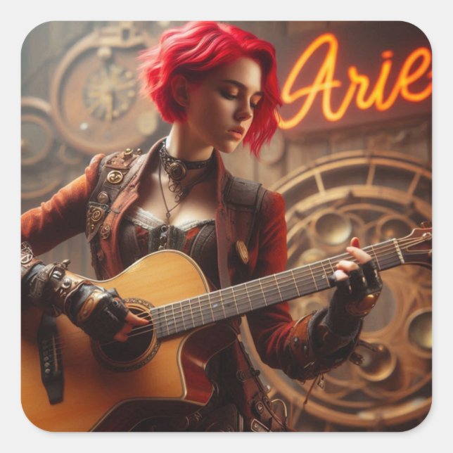 Aries Zodiac Musician Guitar Square Sticker (Front)