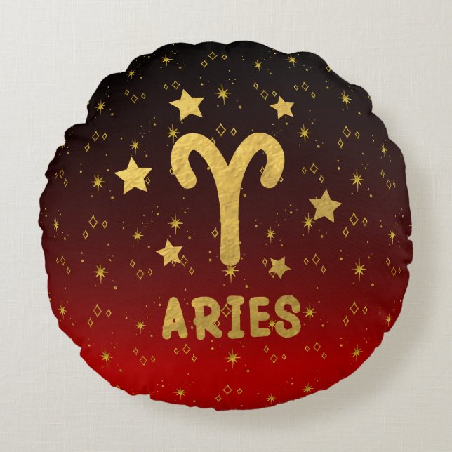 Aries Zodiac Red and Gold Round Pillow (Front)