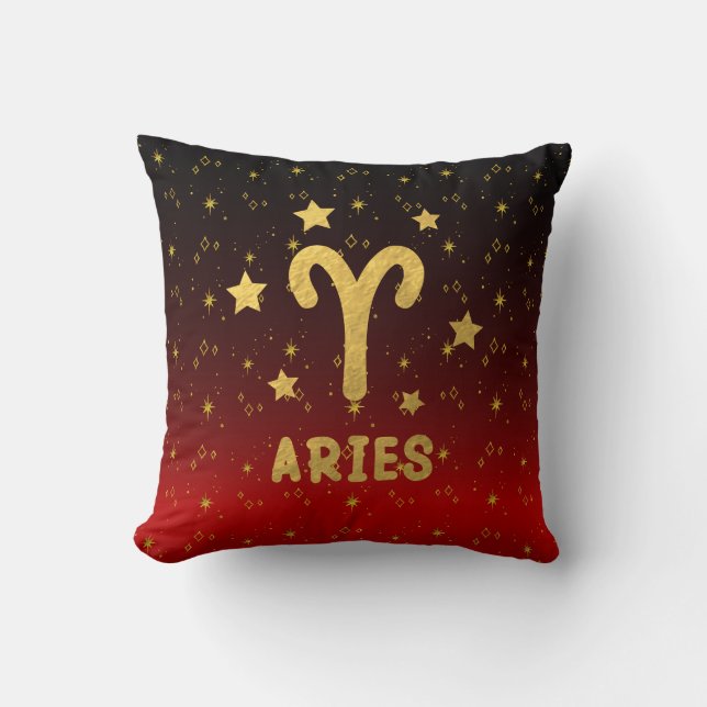 Aries Zodiac Red and Gold Throw Pillow (Front)