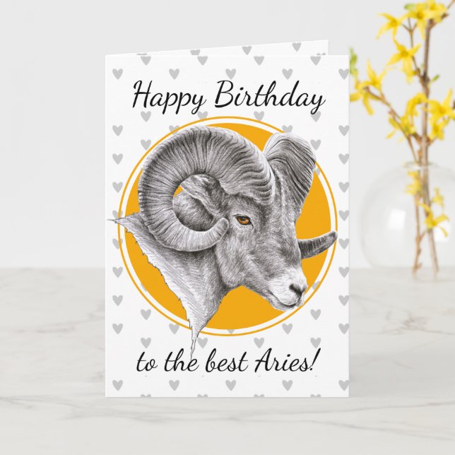 Aries Zodiac sign Bighorn Ram Animal art Birthday Card (Yellow Flower)