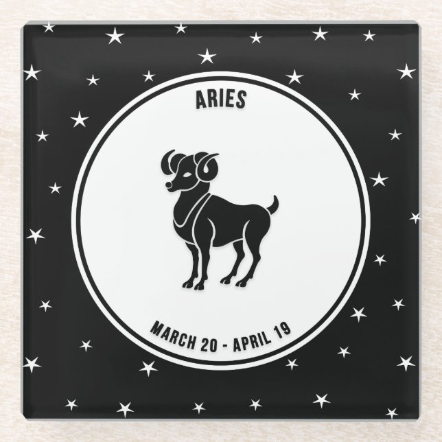 Aries Zodiac Sign, Black & White Glass Coaster (Front)