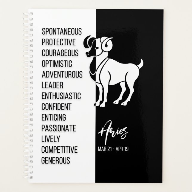 Aries Zodiac Sign, Black & White Planner (Front)