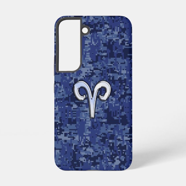 Aries Zodiac Sign on Navy Blue Camo Samsung Galaxy S22 Case (Back)