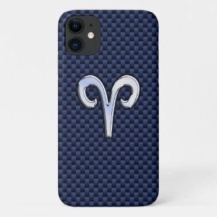 Aries Zodiac Sign on Navy Blue Carbon Fibre Print iPhone 11 Case