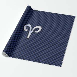 Aries Zodiac Sign on Navy Blue Carbon Fibre Print Wrapping Paper