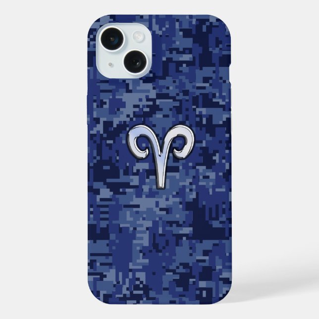 Aries Zodiac Sign on Navy Blue Digital Camo iPhone Case (Back)