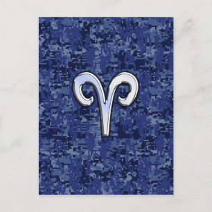 Aries Zodiac Sign on Navy Blue Digital Camo Postcard