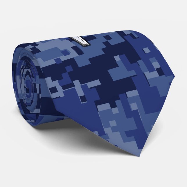 Aries Zodiac Sign on Navy Blue Digital Camo Tie (Rolled)