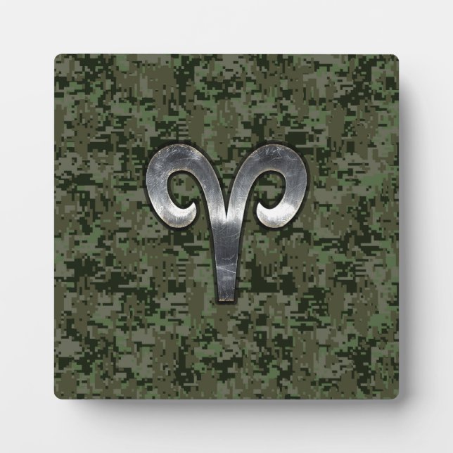 Aries Zodiac Sign on Woodland Green Digital Camo Plaque (Front)