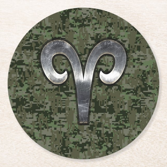Aries Zodiac Sign on Woodland Green Digital Camo Round Paper Coaster (Front)