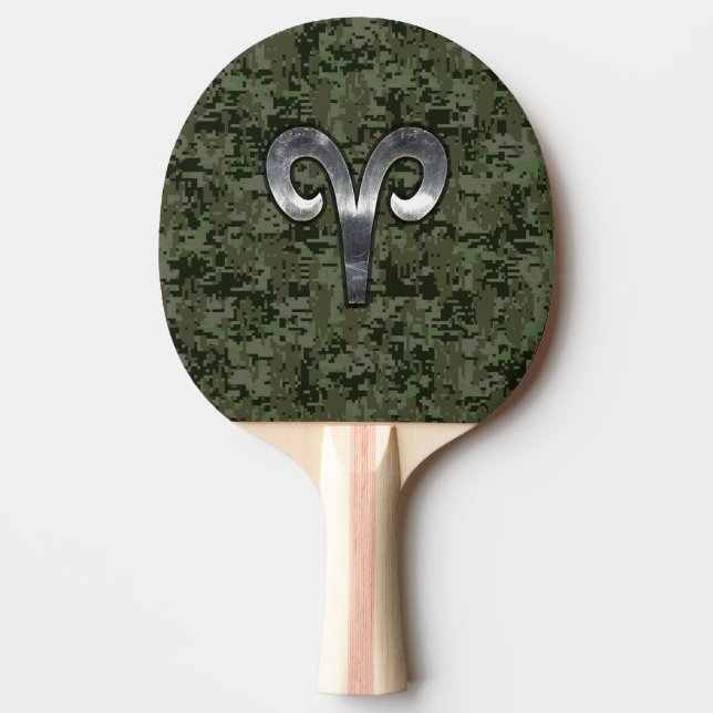 Aries Zodiac Sign on Woodland Style Digital Camo Ping Pong Paddle (Front)