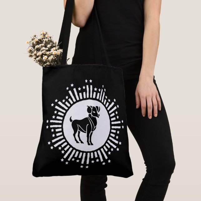 Aries Zodiac Sign Ram Cosmic Starburst Design Tote Bag (Close Up)