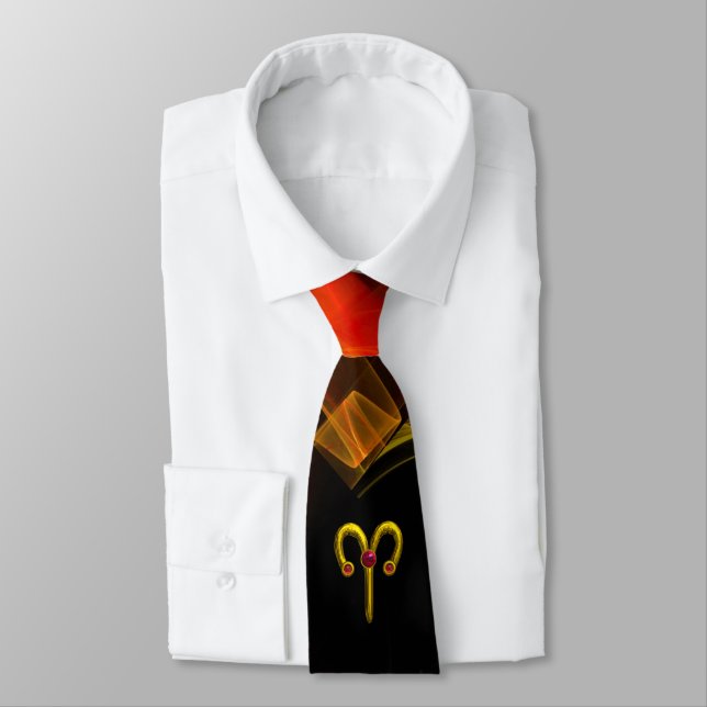 ARIES ZODIAC SIGN,RED ORANGE FRACTAL WAVES,SWIRLS TIE (Tied)