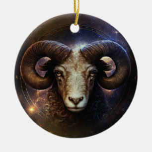 Aries Zodiac Sign Watercolor Design Ceramic Tree Decoration