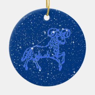 Aries Zodiac Sign with Stars on Deep Blue Ceramic Ceramic Tree Decoration