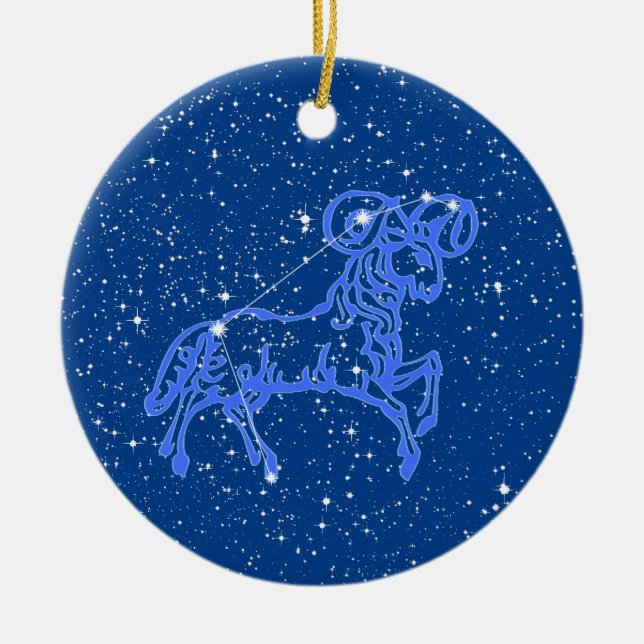 Aries Zodiac Sign with Stars on Deep Blue Ceramic  Tree Decoration (Front)