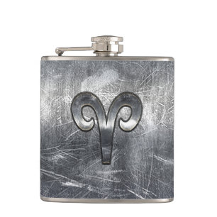 Aries Zodiac Symbol in Silver Distressed Style Hip Flask