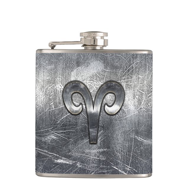 Aries Zodiac Symbol in Silver Distressed Style Hip Flask (Front)