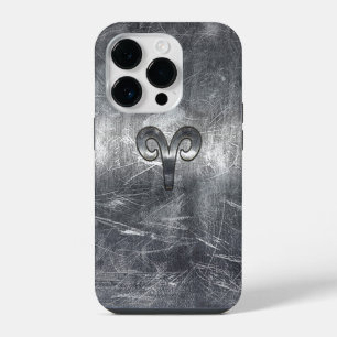 Aries Zodiac Symbol in Silver Distressed Style iPhone 14 Pro Case