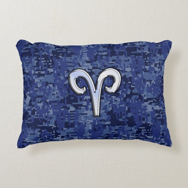 Aries Zodiac Symbol on Navy Blue Digital Camo Decorative Cushion (Front)