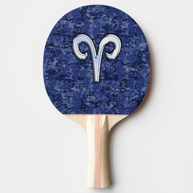 Aries Zodiac Symbol on Navy Blue Digital Camo Ping Pong Paddle (Front)