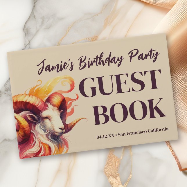 Aries Zodiac Themed Birthday Party Guest Book (Watercolor Aries Zodiac-Themed Party Suite | Elevate it with Extras Like This Guestbook!)