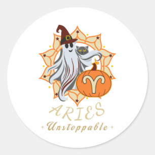 Aries Zodiac Unstoppable Halloween Ghost Cat Stick Classic Round Sticker