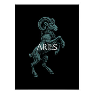 Aries Zodiac – Vintage Ram in Teal on Black Poster