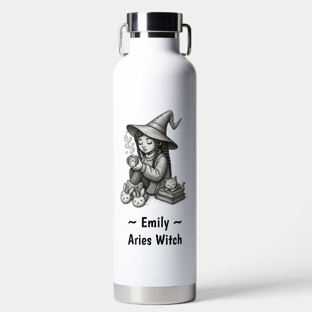 Aries Zodiac Witch Whimsical Astrology Celestial Water Bottle (Front)