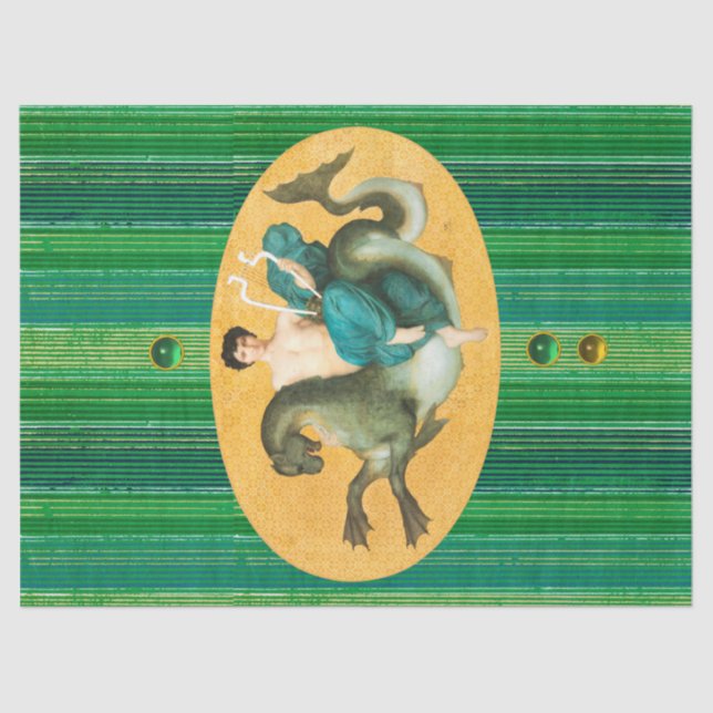 ARION ON A SEA HORSE HOLDING A LYRA Green Stripes  Tissue Paper (Front)