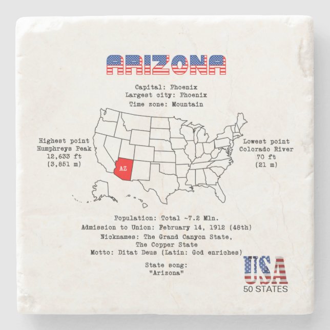 Arizona American state on a map and useful info Stone Coaster (Front)