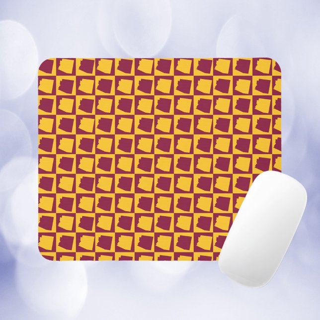 Arizona Checkered Maroon and Gold Pattern Mouse Pad (A mousepad with a maroon and gold pattern featuring the US state of Arizona.)